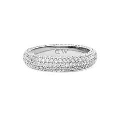 A silver pavé ring with a 5 mm wide band, featuring multiple rows of white cubic zirconia crystals for a sparkling, contemporary look suitable for stacking or wearing as a statement piece.