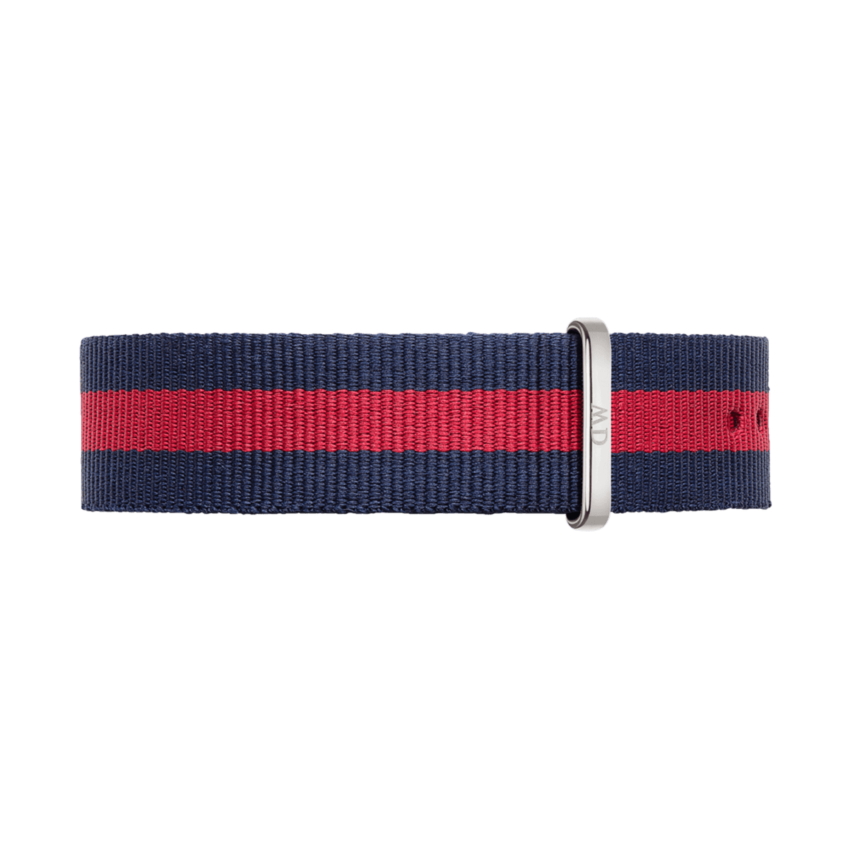 Oxford Strap Silver features a navy blue and red striped NATO style watch strap in durable polyester, finished with a polished silver buckle and adjustable holes for a tailored fit.