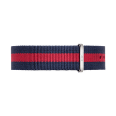 Oxford Strap Silver features a navy blue and red striped NATO style watch strap in durable polyester, finished with a polished silver buckle and adjustable holes for a tailored fit.