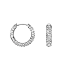 Pair of Pavé Crystal Earrings Silver shown from front and side, highlighting the classic hoop design and pavé setting of sparkling cubic zirconia crystals on rhodium plated brass.