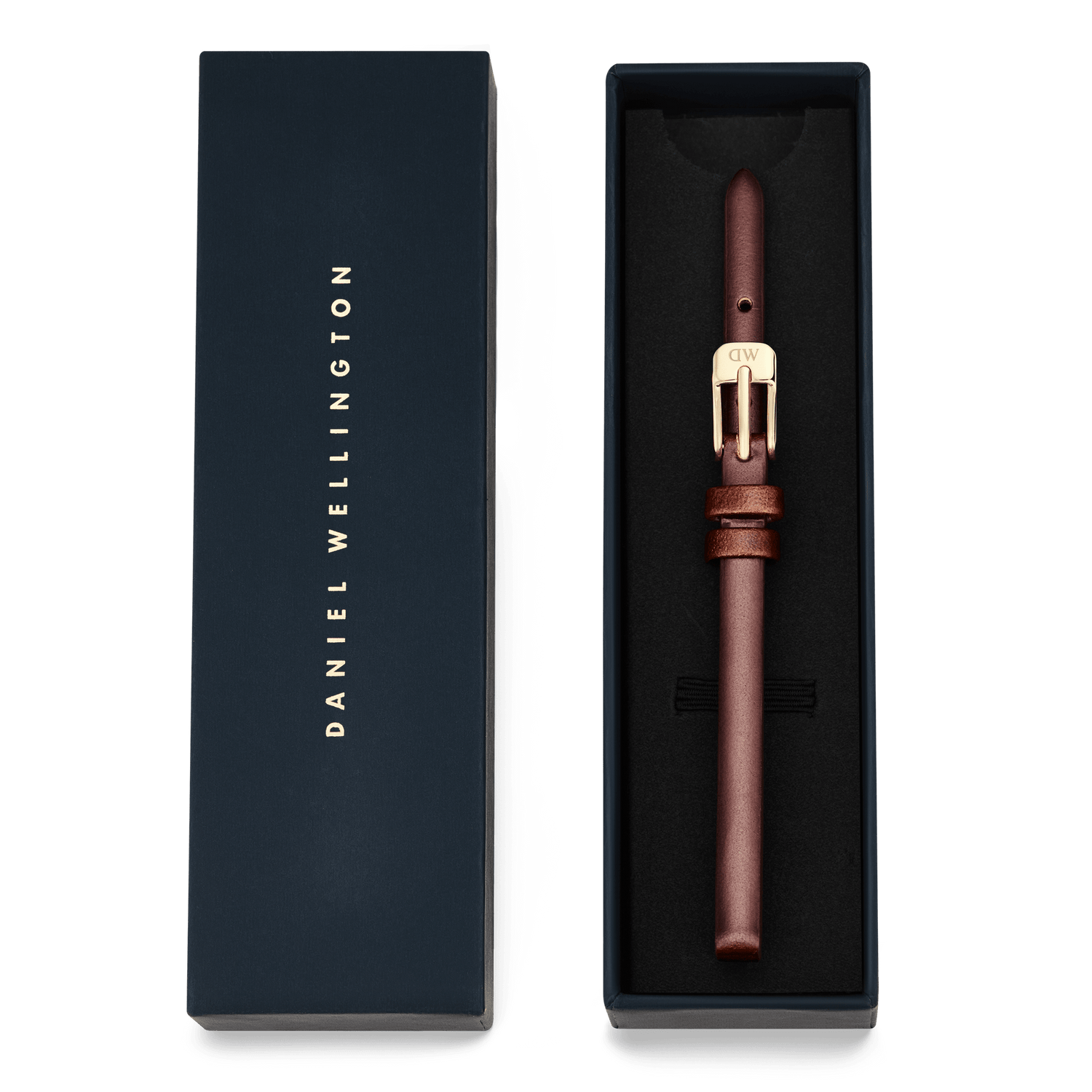Pressed St Mawes Strap Gold presented in a Daniel Wellington gift box, featuring a slim brown genuine leather strap with a polished gold pin buckle, ideal for women’s watches and suitable for gifting or daily wear.