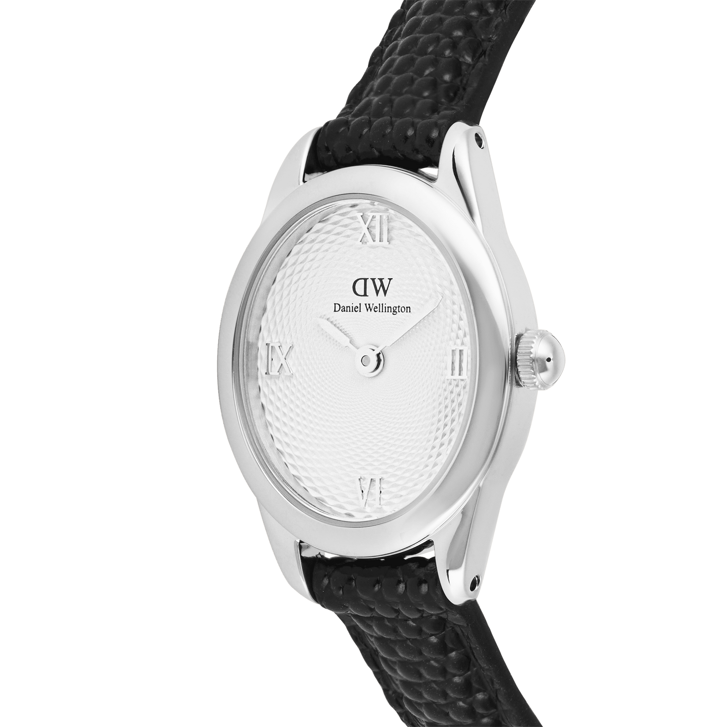 Close-up of the Ophelia Mini Black Lizard White Guilloché Silver watch, showing its polished silver oval case, white guilloché dial with Roman numerals, and distinctive black lizard-embossed leather strap.
