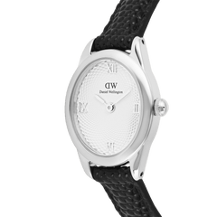 Close-up of the Ophelia Mini Black Lizard White Guilloché Silver watch, showing its polished silver oval case, white guilloché dial with Roman numerals, and distinctive black lizard-embossed leather strap.