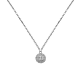 Silver Pavé Crystal Pendant Necklace featuring a spherical pavé pendant set with sparkling cubic zirconia crystals on a classic adjustable chain, shown against a plain background.