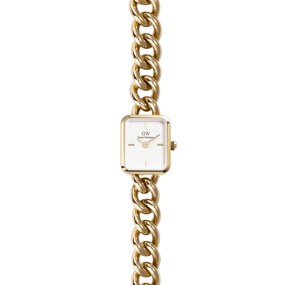 Jolie Chain Gold ladies watch with a chunky gold chain bracelet, a petite square white dial, and minimalist gold markers, offering a modern and elegant accessory for everyday wear.