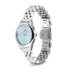 Ophelia Mini Ice Blue Silver watch with a polished stainless steel 5-link bracelet, oval case, and ice blue sunray dial featuring Roman numerals, shown with its butterfly clasp open for easy adjustment.