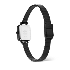 Quadro Mini Reflection Black watch showing the stainless steel case back, slim black mesh strap, and secure clasp buckle, highlighting the durable build and adjustable fit.