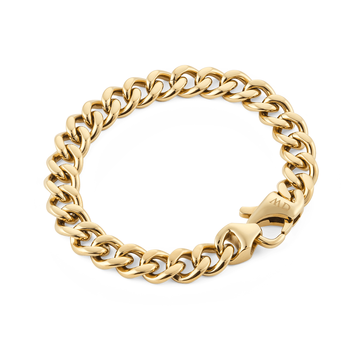 Ellipse Cuban Chain Bracelet Gold featuring chunky, polished gold links and a sturdy lobster clasp, shown in a flat lay to highlight its classic Cuban chain design.