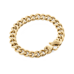 Ellipse Cuban Chain Bracelet Gold featuring chunky, polished gold links and a sturdy lobster clasp, shown in a flat lay to highlight its classic Cuban chain design.