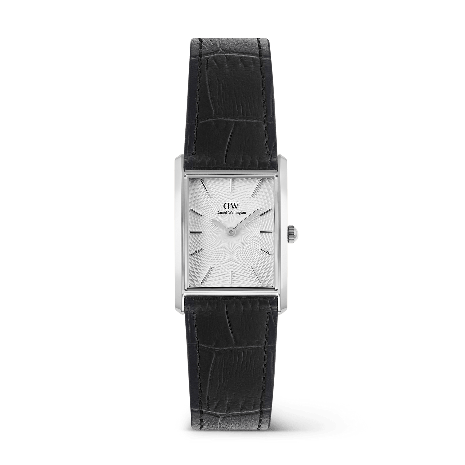 Bound Black Crocodile Guilloché Silver watch featuring a rectangular polished silver case, white guilloché-patterned dial, and a black crocodile-embossed genuine leather strap with a minimalist design.