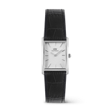 Bound Black Crocodile Guilloché Silver watch featuring a rectangular polished silver case, white guilloché-patterned dial, and a black crocodile-embossed genuine leather strap with a minimalist design.