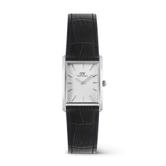 Bound Black Crocodile Guilloché Silver watch featuring a rectangular polished silver case, white guilloché-patterned dial, and a black crocodile-embossed genuine leather strap with a minimalist design.