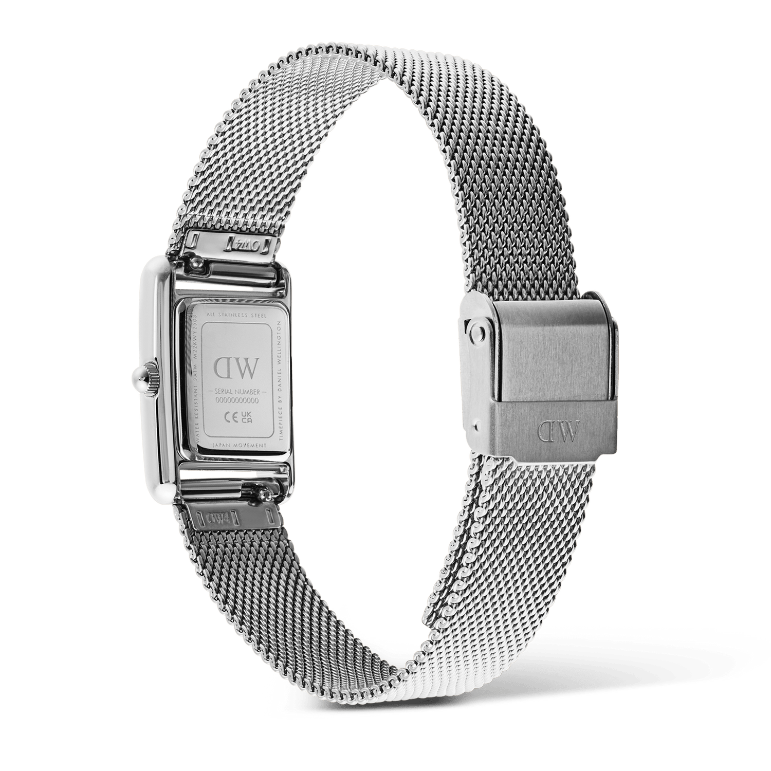Back view of the Bound Mini Sterling ladies watch showing the stainless steel mesh strap, secure fold-over clasp, and engraved case back with serial number.