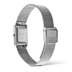 Back view of the Bound Mini Sterling ladies watch showing the stainless steel mesh strap, secure fold-over clasp, and engraved case back with serial number.