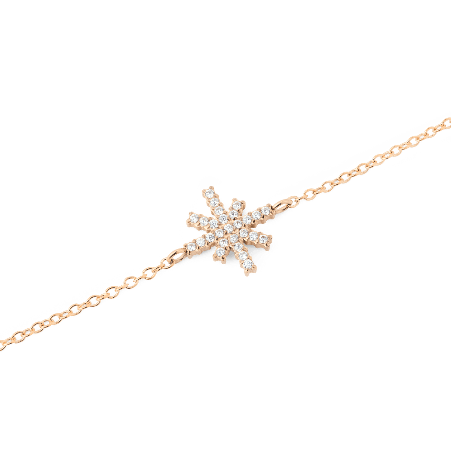 Close-up of the Mirelle Star Bracelet Rose Gold, featuring a delicate rose gold chain and a star-shaped charm set with sparkling white cubic zirconia crystals.