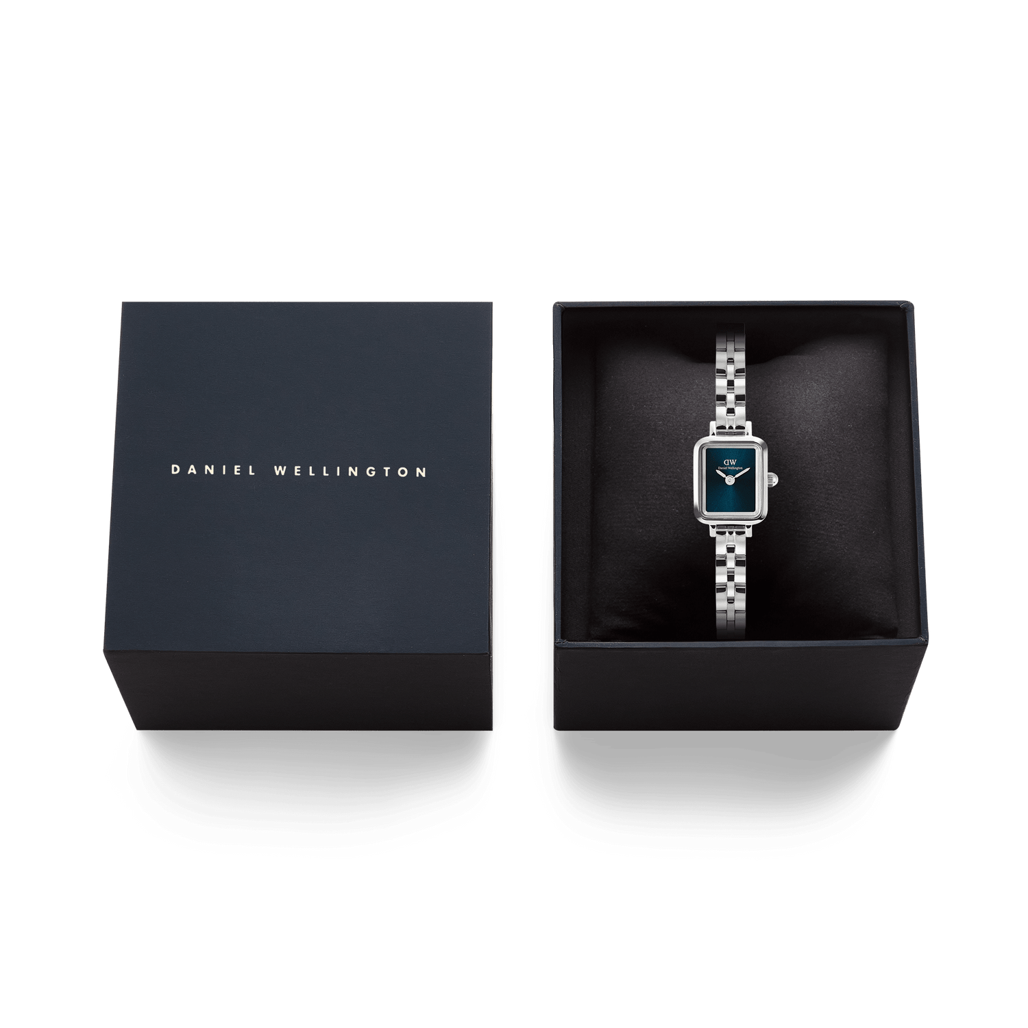 Quadro Mini Arch 3-link Arctic Sunray Silver ladies watch with a rectangular case and blue dial, presented in a black Daniel Wellington gift box.
