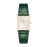 Rectangular gold women’s watch with a champagne sunray dial and a green crocodile-pattern leather strap, featuring minimalist gold hour markers and a slim profile suitable for everyday wear.