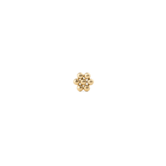 Petite gold flower stud earring with a polished finish, featuring a minimalist floral design ideal for everyday wear or stacking with other gold jewellery.