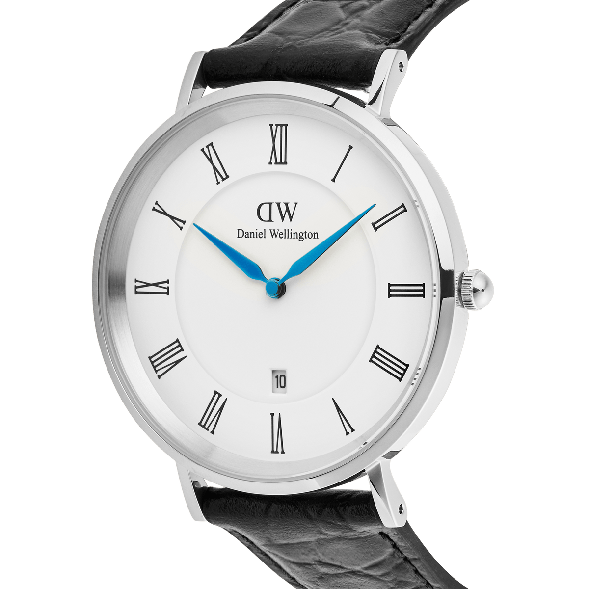 Close-up of the Classic Roman Numerals Date Black Croc Belly Silver watch, showing a polished silver case, white dial with black Roman numerals, blue hands, and a black croc-embossed leather strap.