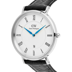Close-up of the Classic Roman Numerals Date Black Croc Belly Silver watch, showing a polished silver case, white dial with black Roman numerals, blue hands, and a black croc-embossed leather strap.