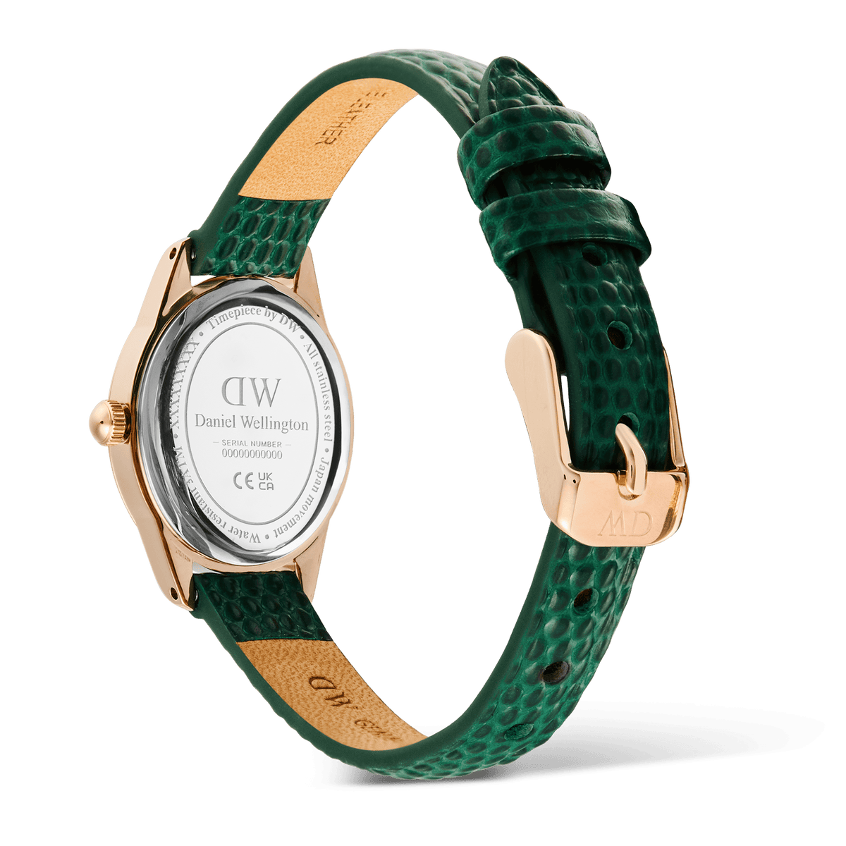Back view of the Ophelia Mini Green Lizard White Guilloché Rose Gold watch, showing the engraved stainless steel case, green lizard embossed leather strap, and rose gold pin buckle.