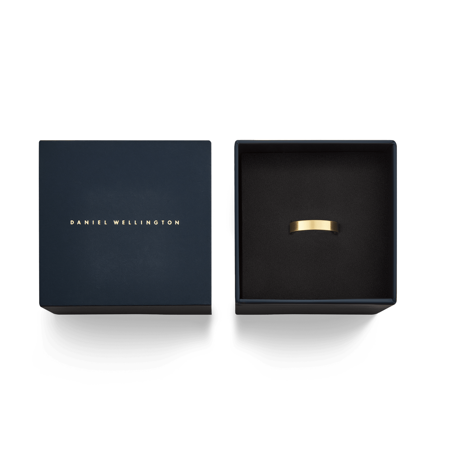Line Ring Brushed Gold 4.5mm presented in a navy Daniel Wellington gift box, showcasing its matte gold finish and minimalist design as a stylish accessory for men and women.