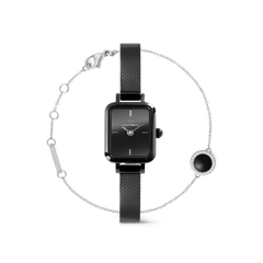 Rectangular black Daniel Wellington Quadro Mini watch with a slim black mesh strap, paired with a delicate silver Audrey Black bracelet featuring a round black stone pendant framed by sparkling details.