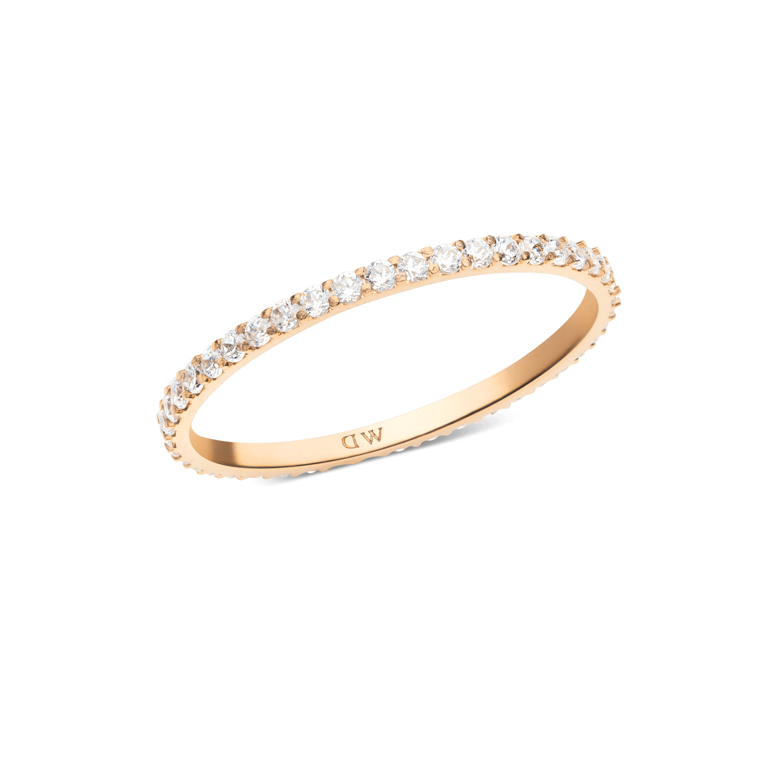 A slim rose gold eternity ring featuring a continuous row of white cubic zirconia crystals set in a delicate 1.4 mm band, crafted for a refined and modern look.