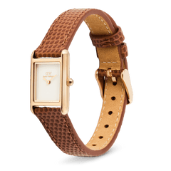 Daniel Wellington Bound Mini Light Brown Lizard Rose Gold watch with a slim rectangular rose gold case, minimalist white dial, and adjustable light brown lizard-textured leather strap, shown at an angle highlighting the pin buckle and fine stitching.