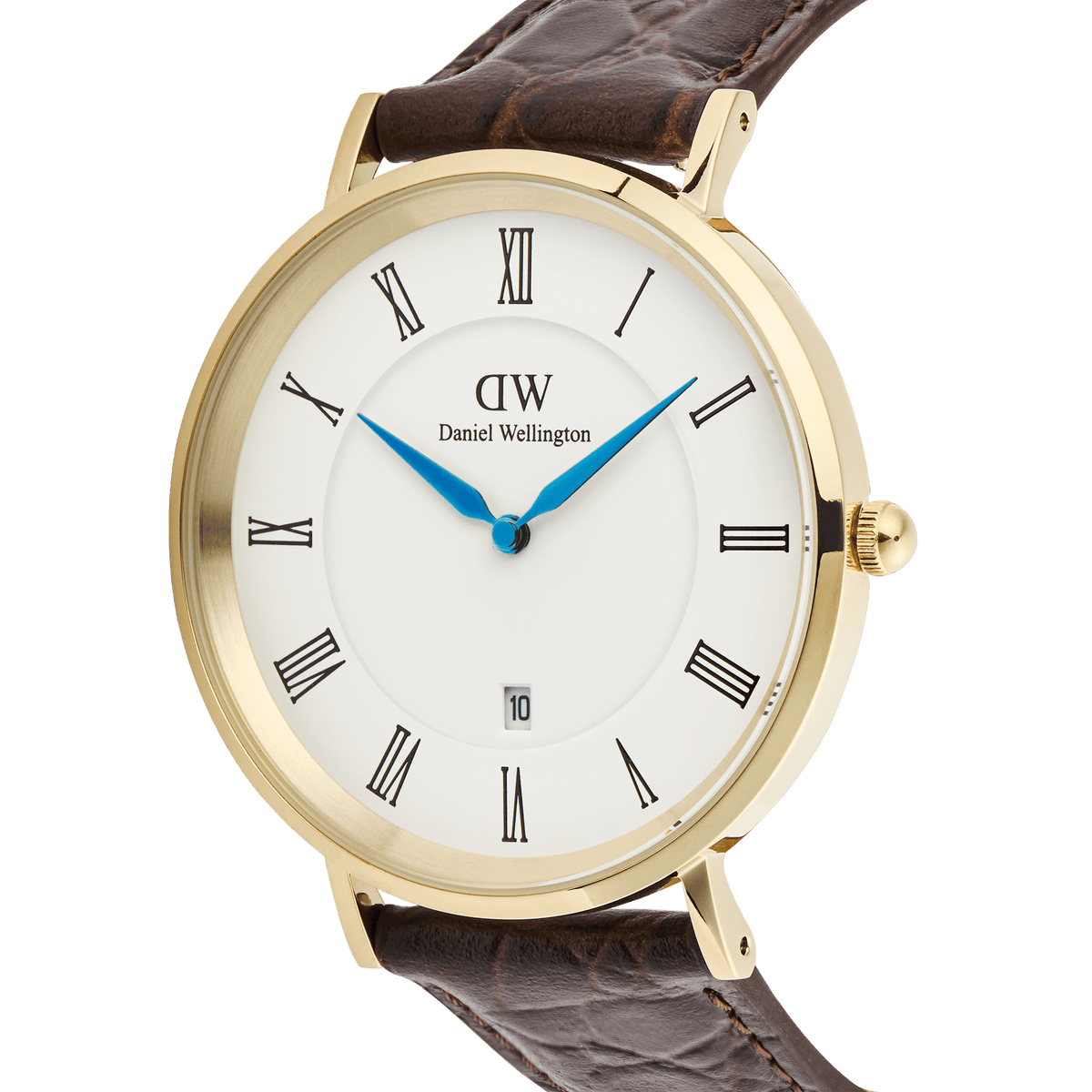 Close-up of the Classic Roman Numerals Date Dark Brown Croc Belly Gold watch, showing its gold PVD-plated case, white dial with black Roman numerals, blue hands, date window, and textured dark brown crocodile-embossed leather strap.
