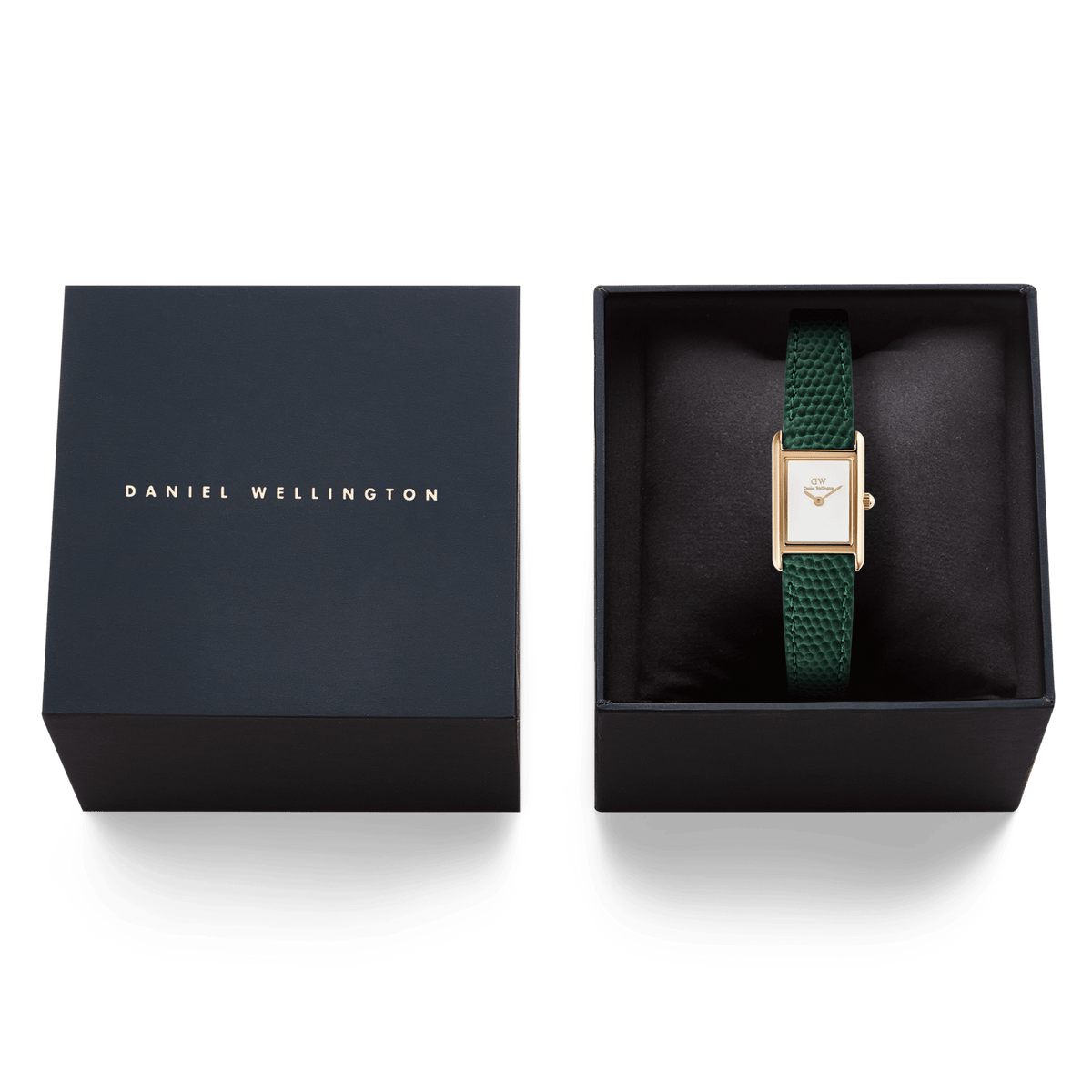Bound Mini Green Lizard Rose Gold watch with a rectangular rose gold case and green lizard-embossed leather strap, presented in a branded Daniel Wellington gift box.