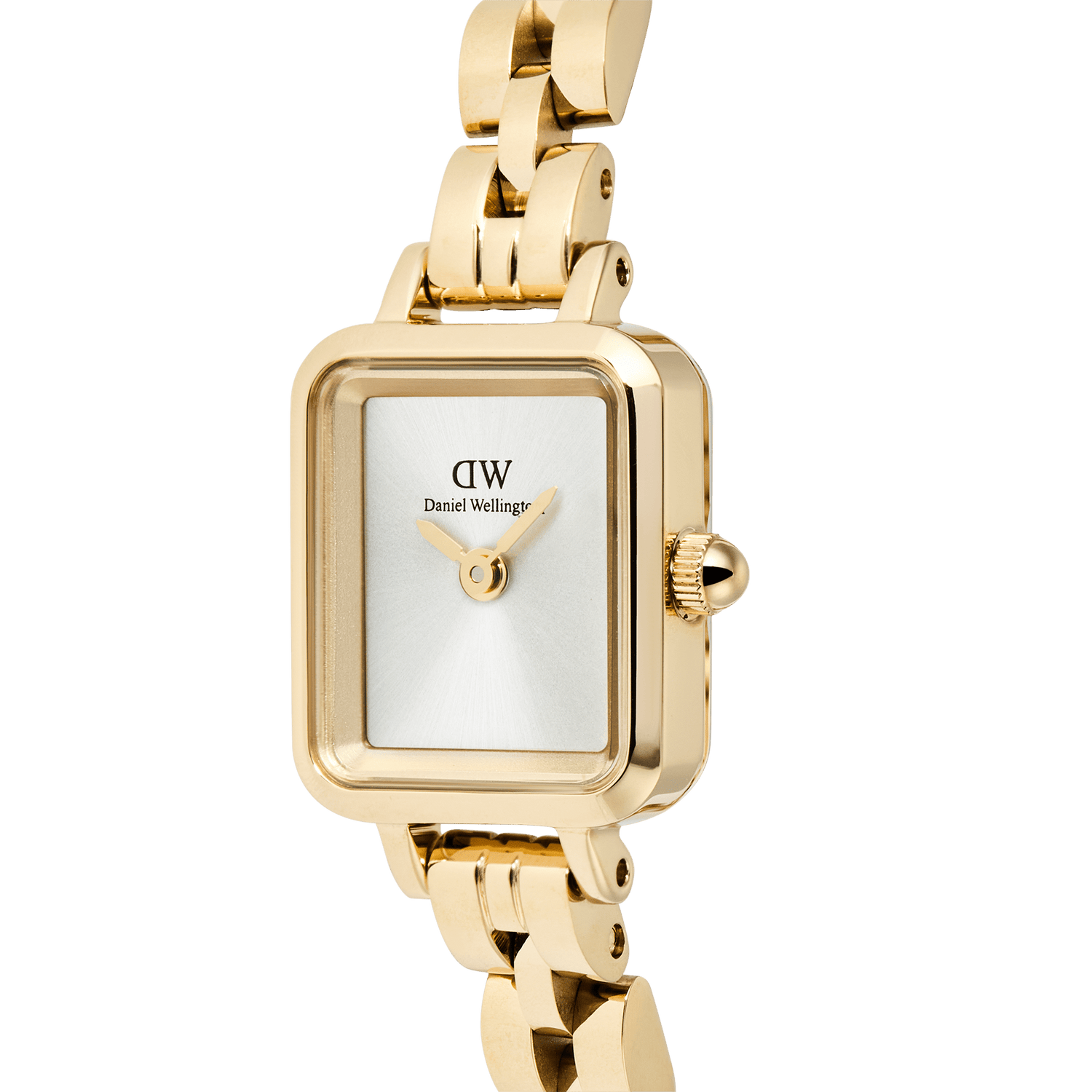 Close-up of the Quadro Mini Arch 3-link White Sunray Gold ladies watch, highlighting its rectangular gold case, minimalist white sunray dial, and polished gold 3-link bracelet.