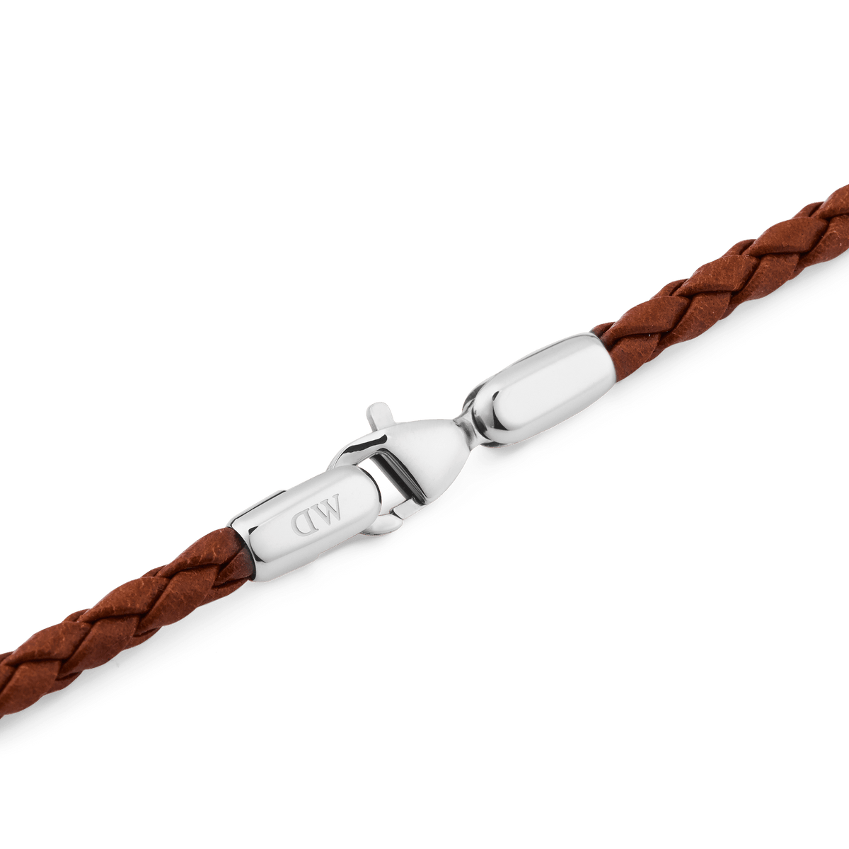 Detail of the Daniel Braided Leather Bracelet St Mawes 2.8 Silver, highlighting the warm tan braided leather and polished silver clasp.