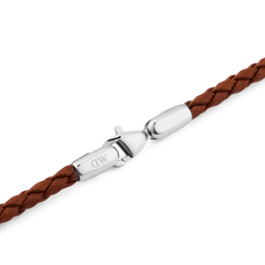Detail of the Daniel Braided Leather Bracelet St Mawes 2.8 Silver, highlighting the warm tan braided leather and polished silver clasp.