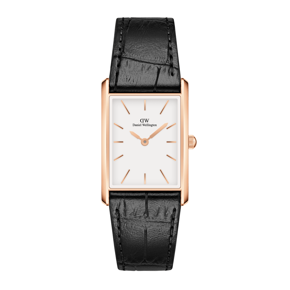 Bound Black Crocodile Rose Gold watch featuring a rectangular rose gold case, minimalist white dial, and a genuine black leather strap with crocodile embossing, designed for both men and women seeking timeless style.