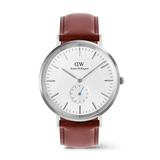 Classic Multi-Eye St Mawes Off-white Sunray Silver men's watch with a round silver case, minimalist markers, blue-tinted sub-second hand, and a stitched brown leather strap.