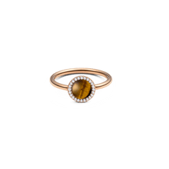 Rose gold ring with a round tiger eye stone at the centre, surrounded by a halo of white cubic zirconia crystals on a slim, polished band.