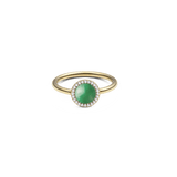 Gold ring with a round green jade centrepiece, surrounded by a halo of white cubic zirconia, featuring a slim polished gold band.