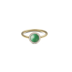 Gold ring with a round green jade centrepiece, surrounded by a halo of white cubic zirconia, featuring a slim polished gold band.