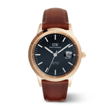 Iconic St Mawes Automatic Rose Gold watch featuring a blue enamel dial, rose gold-plated stainless steel case, and a brown Italian leather strap, with luminous markers and a date display.