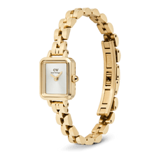 Quadro Mini Arch 3-link White Sunray Gold ladies watch with a rectangular gold case, minimalist white sunray dial, and polished 3-link gold bracelet shown with its butterfly clasp open.