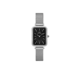 Quadro Lumine Bezel Sterling Black MOP ladies watch with a rectangular black mother of pearl dial, gemstone bezel detailing, and a slim silver mesh strap, ideal for everyday elegance.