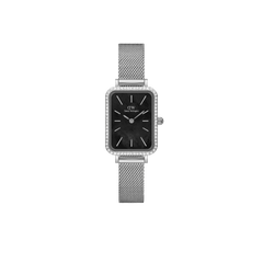 Quadro Lumine Bezel Sterling Black MOP ladies watch with a rectangular black mother of pearl dial, gemstone bezel detailing, and a slim silver mesh strap, ideal for everyday elegance.