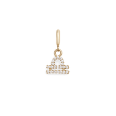 Gold Libra zodiac watch charm with sparkling cubic zirconia crystals, featuring a delicate scales symbol in a secure claw setting for versatile styling on watches, bracelets, or jewellery stacks.
