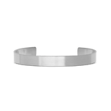 Slim brushed silver cuff bracelet with a minimalist open design, crafted from 316L stainless steel and featuring clean lines for a modern, understated look.