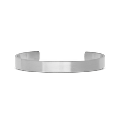 Slim brushed silver cuff bracelet with a minimalist open design, crafted from 316L stainless steel and featuring clean lines for a modern, understated look.