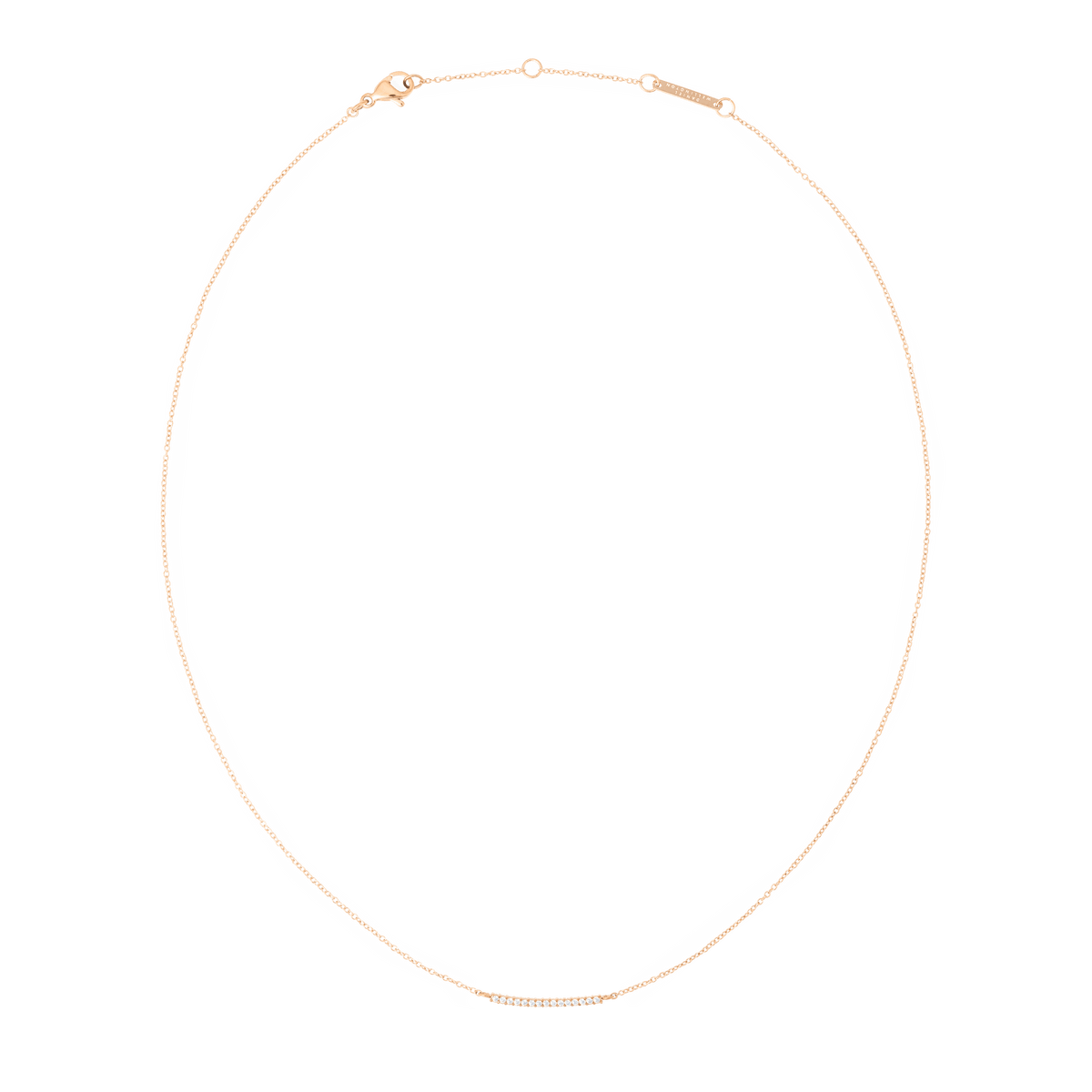 Delicate rose gold necklace featuring a slender bar pendant set with sparkling white cubic zirconia crystals, displayed on a fine adjustable chain.
