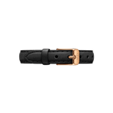 Black genuine leather watch strap with a rose gold buckle, featuring neat stitching and a smooth finish, designed for a comfortable and stylish upgrade to your timepiece.