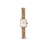 Rose gold Jolie Chain watch featuring a chunky chain link bracelet, petite square white dial, and minimalist hour markers, designed for women who appreciate elegant jewellery-inspired style.