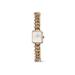 Rose gold Jolie Chain watch featuring a chunky chain link bracelet, petite square white dial, and minimalist hour markers, designed for women who appreciate elegant jewellery-inspired style.